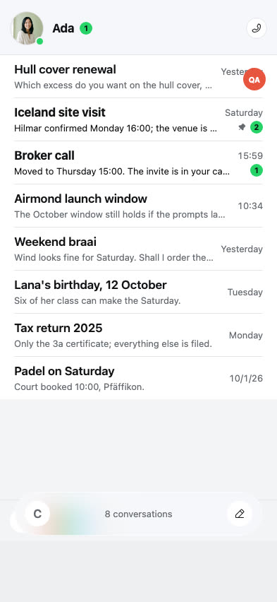 The conversations list in the Airmond app, each conversation with its own title and latest message