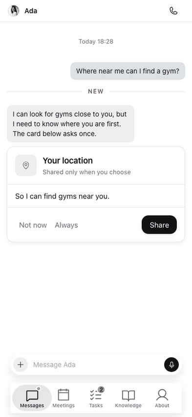 Asking where to find a gym nearby, sharing your location once, her answer with places near you, and the setting to always share it