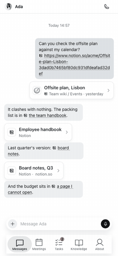 Links in the conversation drawn as cards with the app's icon and title, from Notion, Google Docs, Sheets and Drive