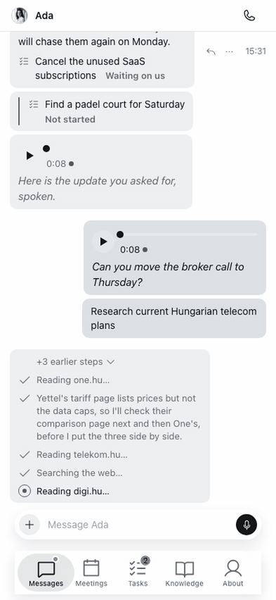 Her reply showing each research step, the page she is reading, and what she found