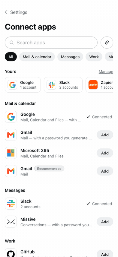 The Connect apps screen: every app with its logo, a search, and Connected marks