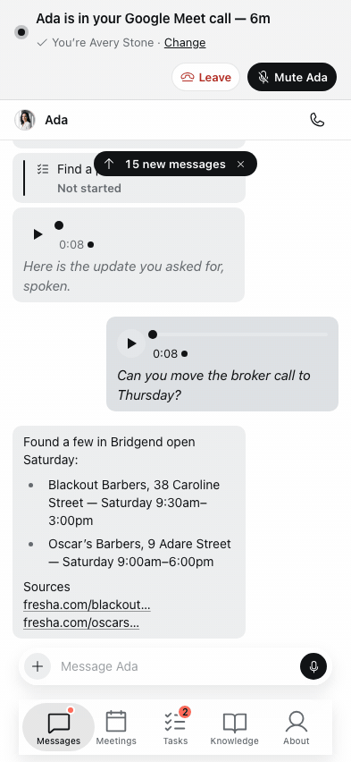 The live meeting strip with a Leave button, then the Take Ada out of this call confirmation