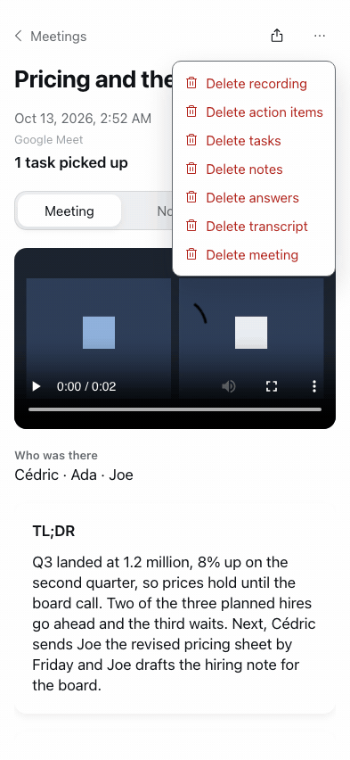 A meeting's menu with delete options for the recording, notes and transcript, then the Delete this meeting confirmation