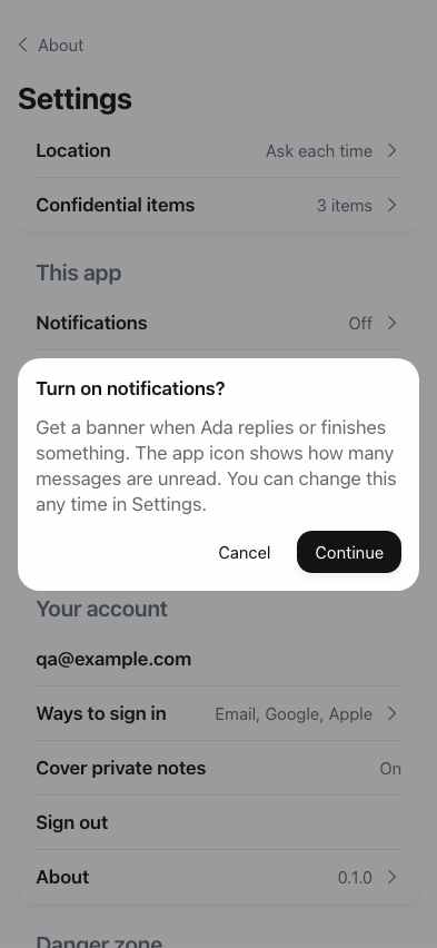 Airmond asking once to turn on notifications, then Notifications shown as On in Settings