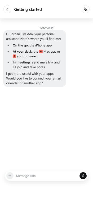 The Getting started conversation, where she points to the iPhone app, the Mac app and the web