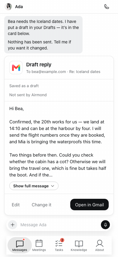 An email draft card in the conversation showing the recipient and message, then the same card after editing, marked Edited
