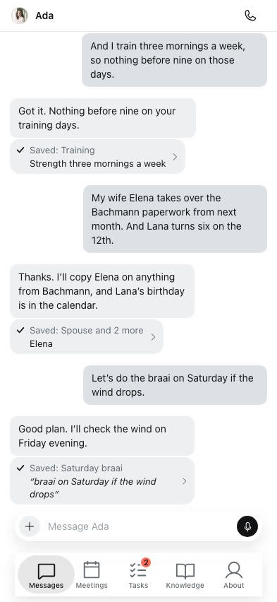 A conversation where each fact she learns shows a small Saved line under her reply